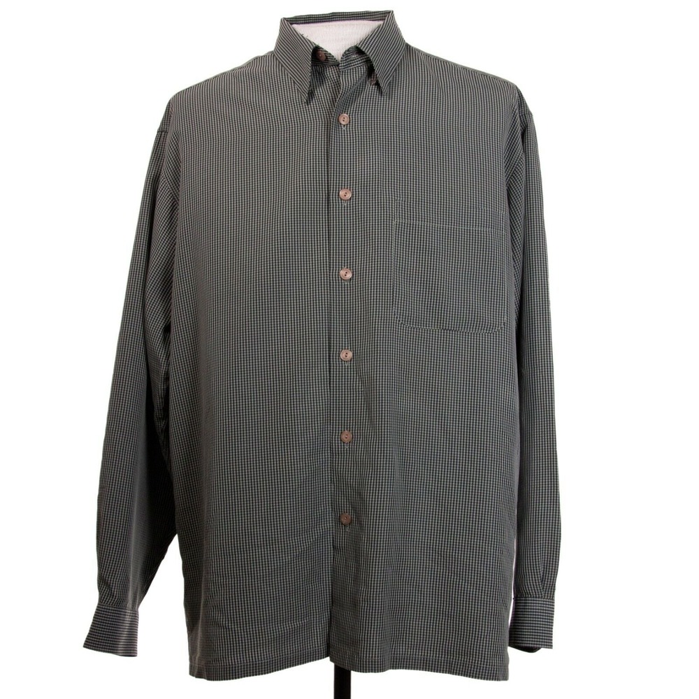 Bugatchi Uomo Mens L Green Gray Mini Check Button Front LS Shirt Rayon Poly